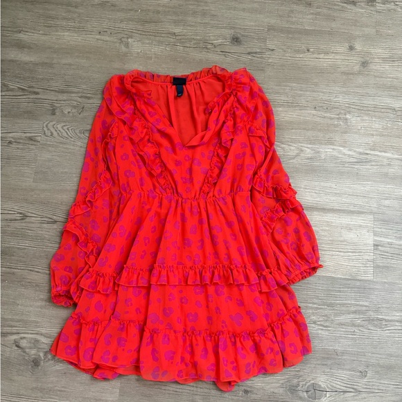Red Ruffled Leopard Print Long Sleeve Dress - Picture 1 of 2